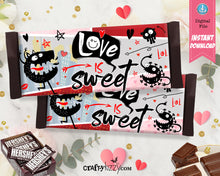 Monster Valentine's Day Candy Bar Wrapper - Doodle Valentines Candy Wrapper - Printable Classroom Favors - Teacher Gift - INSTANT DOWNLOAD