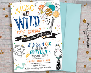 Calling All Party Animals Invitation - Joint Wild Party Animal Invitations - Wild One Safari Animals - Giraffe - Lion - CraftyKizzy