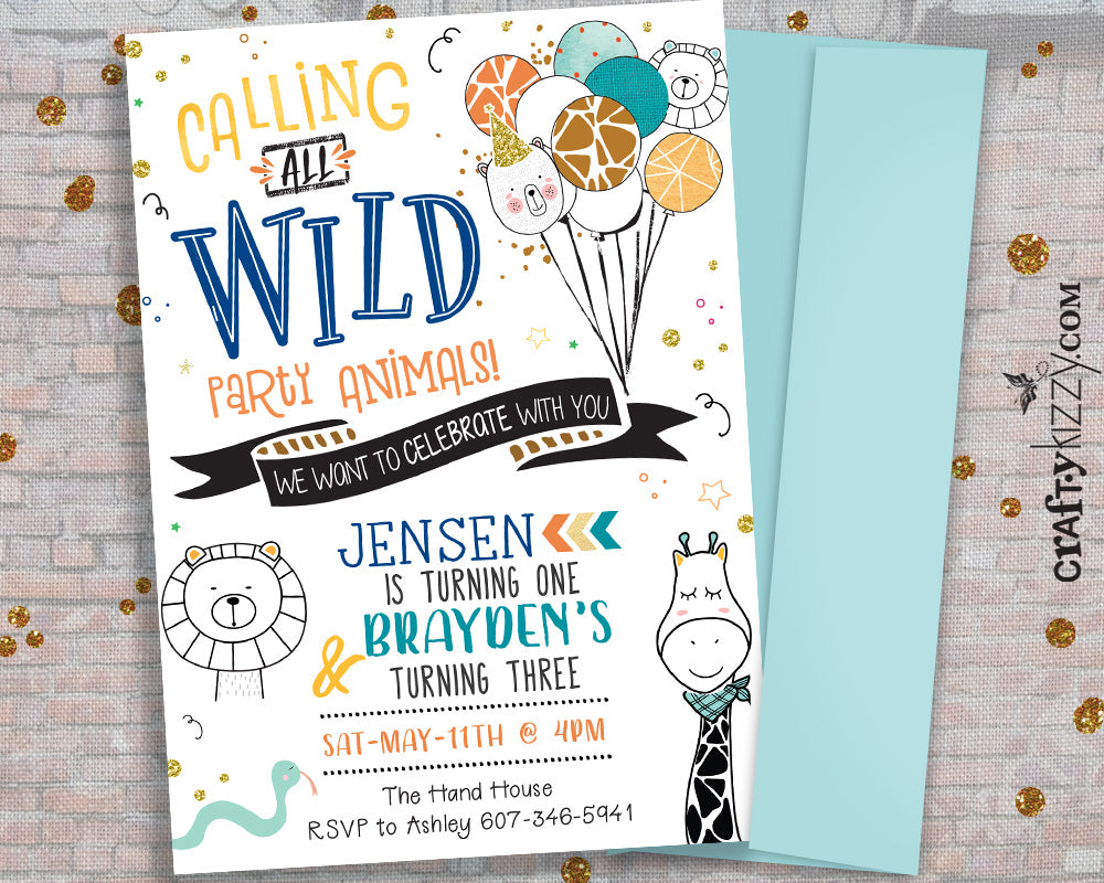 Calling All Party Animals Invitation - Joint Wild Party Animal Invitations - Wild One Safari Animals - Giraffe - Lion - CraftyKizzy