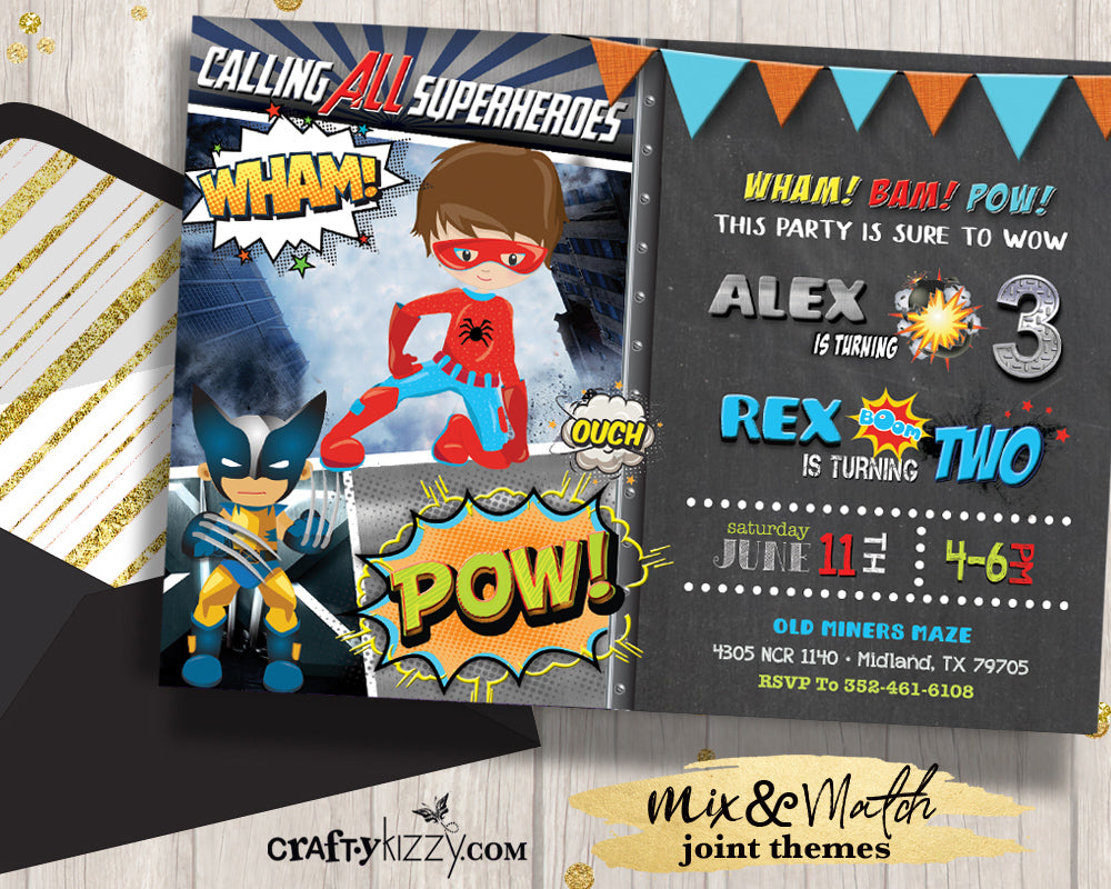 Joint Superhero Birthday Invitation - Spiderman Invitations - Wolverine First Birthday Superheroes Invite - CraftyKizzy