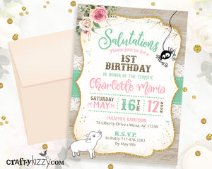 Charlotte's Web First Birthday Invitation - Salutations Charlotte's Web Theme Party - Girl Charlottes Web Invitations - 1st Birthday Invite