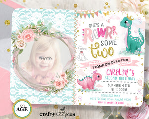 Stomp Chomp Dinosaur Princess Birthday Invitations - Girl Dino Party Invitation - First Second Birthday Invitations - CraftyKizzy