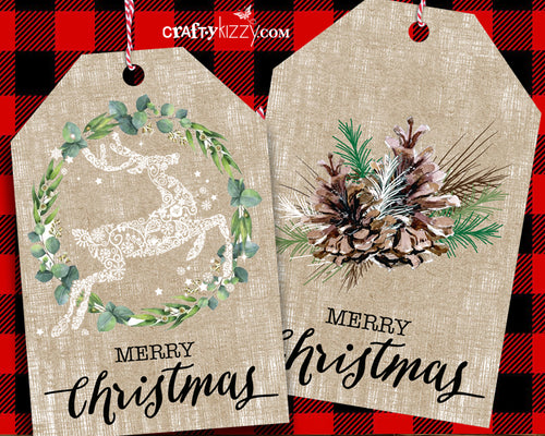 Holiday Favor Tags - Handmade Pine Cone and Reindeer Tags - Christmas Gift Wrap Tag Set - INSTANT DOWNLOAD - CraftyKizzy