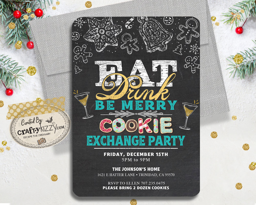 Eat Drink & Be Merry Christmas Party - Holiday Cookie Exchange Invitation - Cookie Swap Party - Christmas Cookie Exchange Invitation -