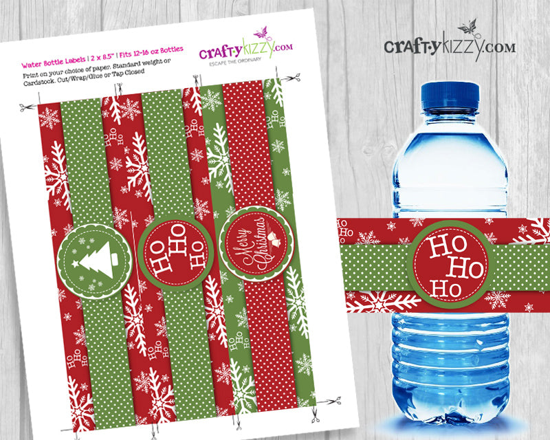 Christmas Water Bottle Label - Xmas Wrapper - Red Green Christmas Party Favors - Printable Merry Christmas Labels - INSTANT DOWNLOAD