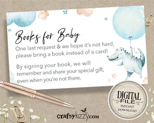 Crocodile Books For Baby Card - Boy Baby Shower Book Request Insert - Watercolor Crocodile Baby Shower Insert Card - INSTANT DOWNLOAD