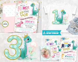 Dinosaur 2nd Birthday Invitation - Girl Dino First Birthday Invitations Purple Or Pink - Rawrsome Two - Roar Like A Dinosaur - Pandemic