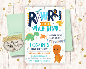 First Birthday Dinosaur Birthday Invitation - Roar Wild Dino Party Invitations - Stomp Chomp Roar - Dinosaur Invitations for Kids