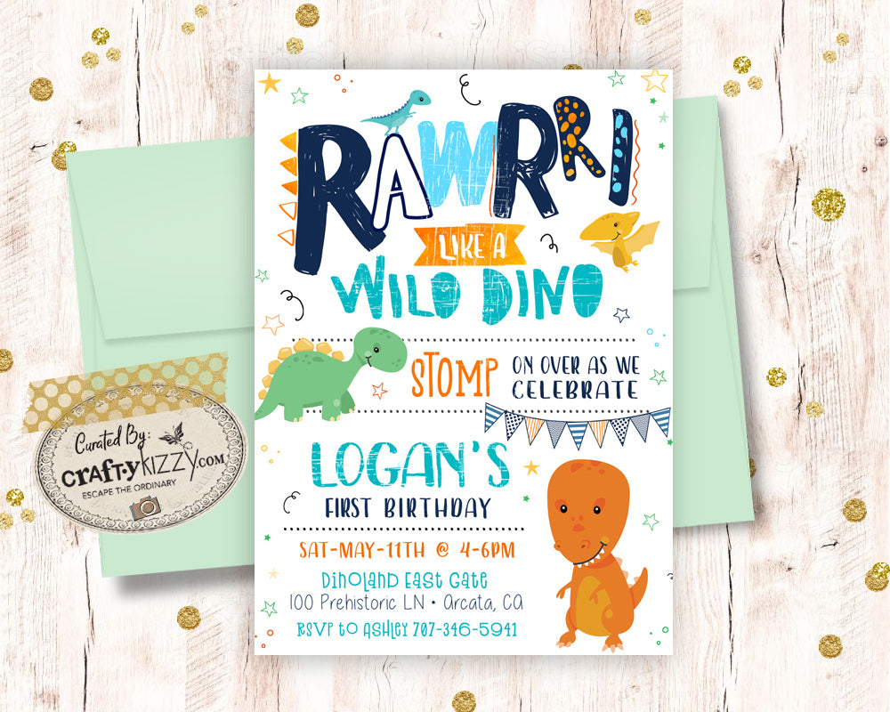 First Birthday Dinosaur Birthday Invitation - Roar Wild Dino Party Invitations - Stomp Chomp Roar - Dinosaur Invitations for Kids