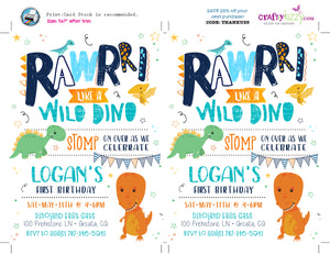 First Birthday Dinosaur Birthday Invitation - Roar Wild Dino Party Invitations - Stomp Chomp Roar - Dinosaur Invitations for Kids