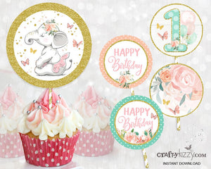 Elephant First Birthday Cupcake Toppers Elephant Ballerina Cupcake Toppers - Printable Pink Party Labels - INSTANT DOWNLOAD - CraftyKizzy