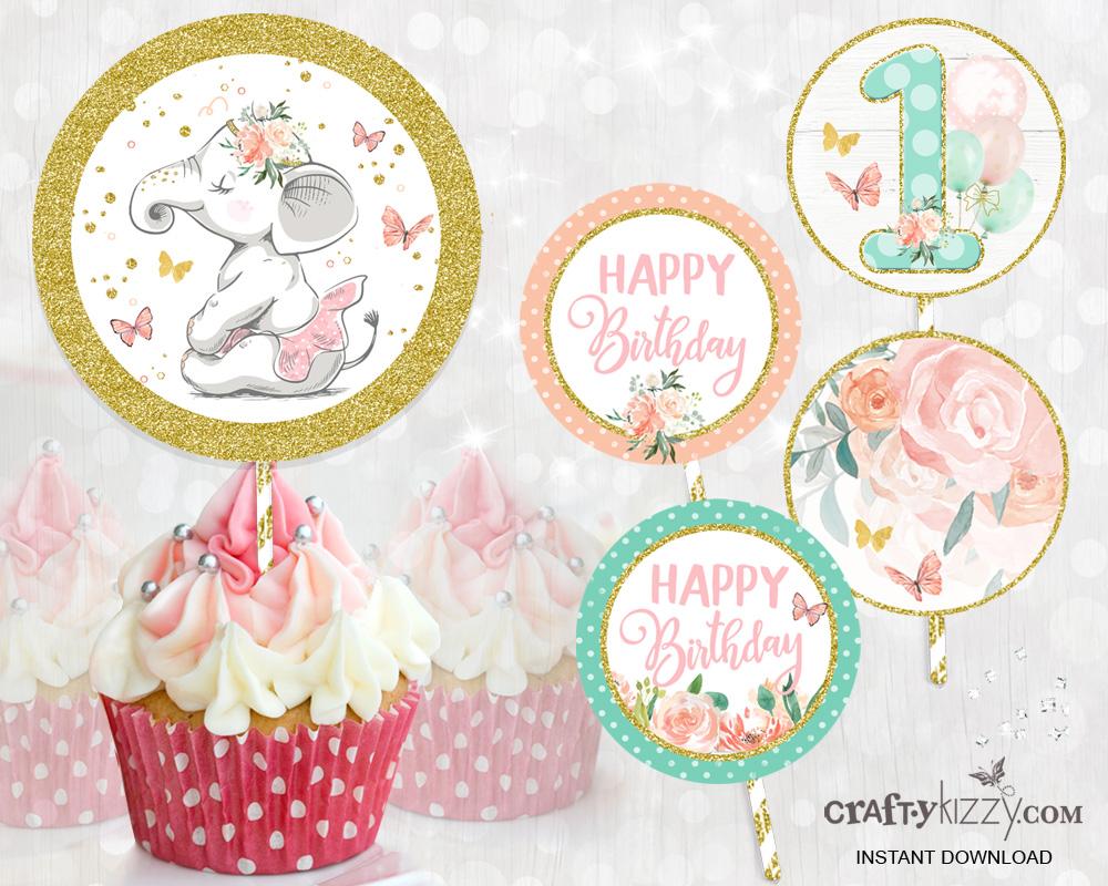 Elephant First Birthday Cupcake Toppers Elephant Ballerina Cupcake Toppers - Printable Pink Party Labels - INSTANT DOWNLOAD - CraftyKizzy