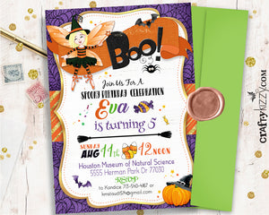 Halloween Boo-thday Invitation - Girl Boo Birthday Invitations - Kids Halloween Spooky Celebration Invitations