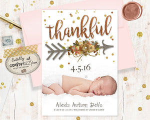 Fall Baby Birth Announcement Card - Newborn Thankful Birth Announcement Card - Thanksgiving Birth Stats Photo Card