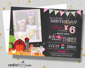 Barnyard Sibling Birthday Invitations - Joint Party Farm Animals and Tractors Invite - Barnyard Invitation - Girl Boy Girls Boys