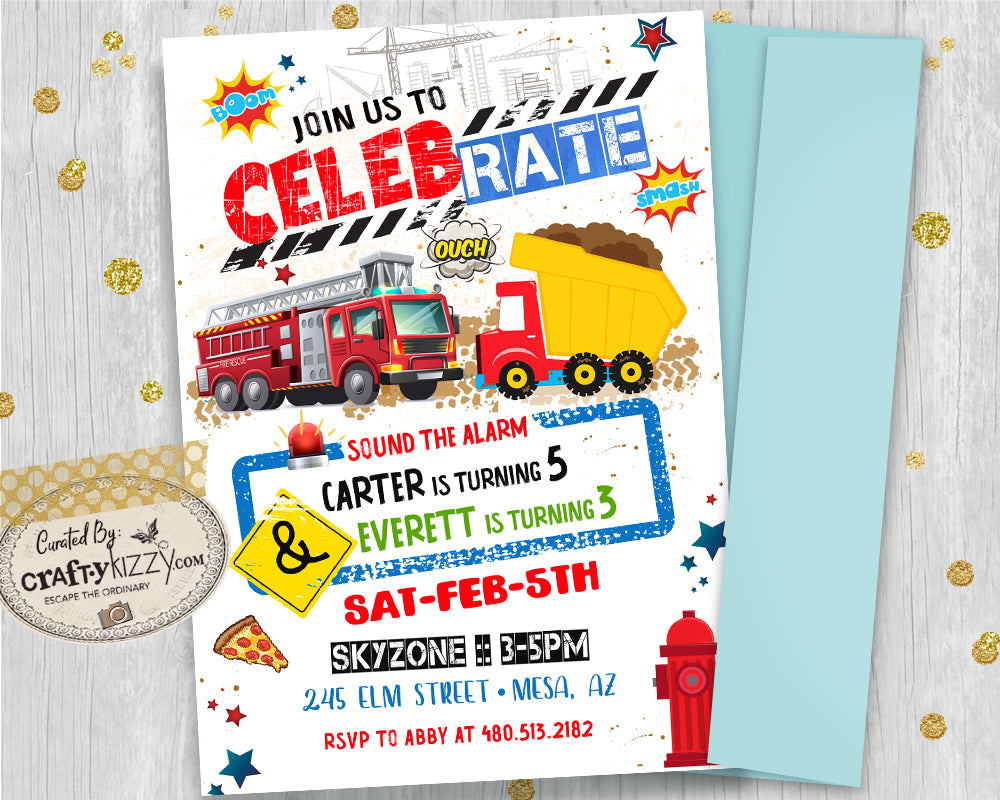 Fire Truck Joint Birthday Party Invitation - Dump Truck Construction Invitations - Twins Fire Engine VS Dump Truck