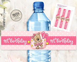Teddy Bear Water Bottle Labels - Tutu First Birthday Water Label - Party Favor Decor - INSTANT DOWNLOAD