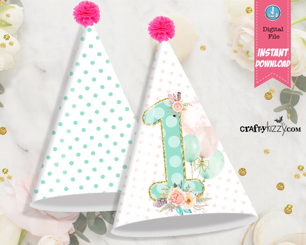 First Birthday Party Hat - Printable First Birthday Party Favors - Boho Girl Floral Party Hats - Polka Dots - INSTANT DOWNLOAD
