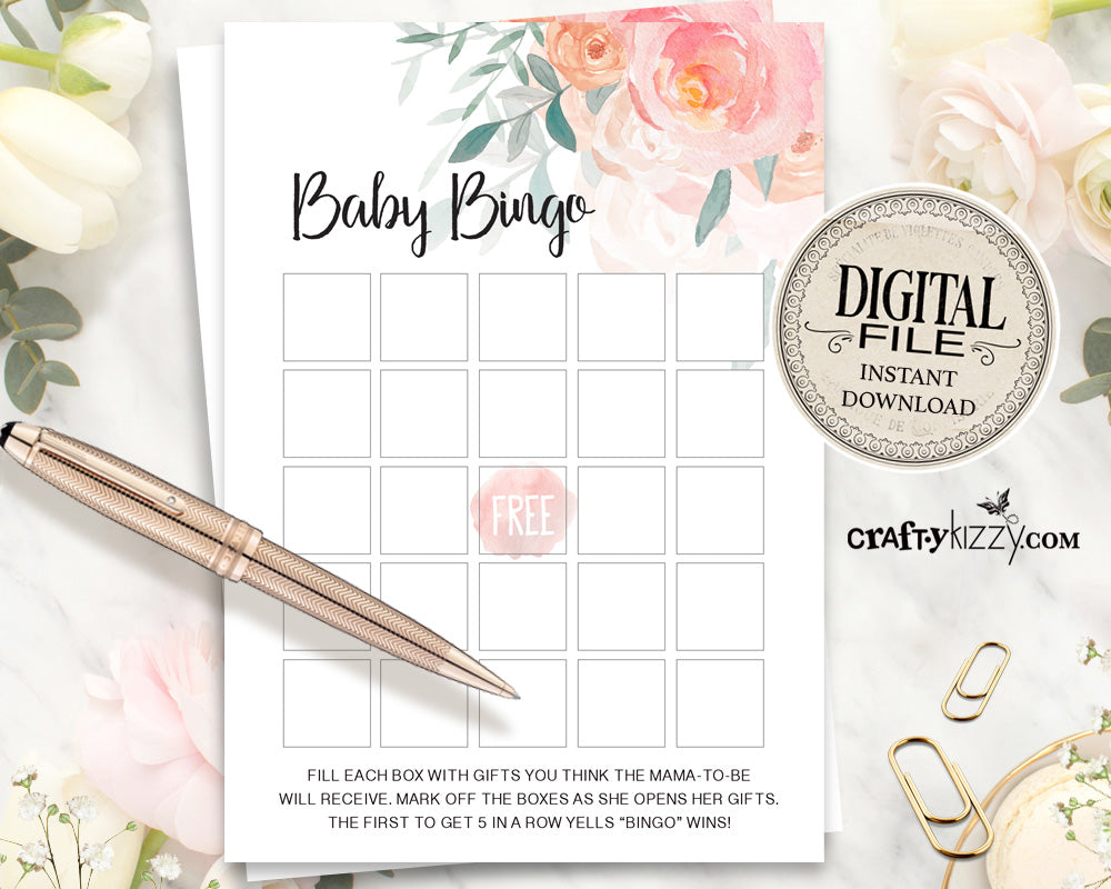 Floral Baby Shower Bingo Cards - Bingo Baby Shower Games - Spring Bingo Game – Peach Roses Bingo Card - INSTANT DOWNLOAD
