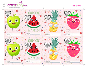 Fun Fruit Valentines Day Cards for Kids - Pineapple Stawberry Watermelon Apple - INSTANT DOWNLOAD - CraftyKizzy