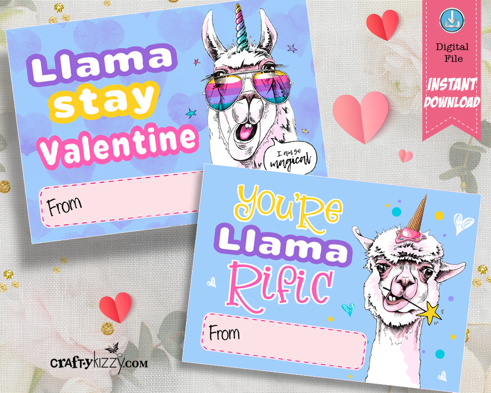 Llama Valentines Cards For Kids - Llama Pun Valentines - Classroom Valentines Day Card - Valentine's Printable - INSTANT DOWNLOAD - CraftyKizzy