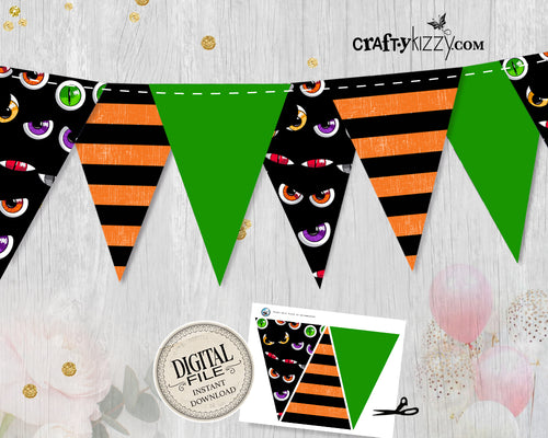 Halloween Party Banner - Black Purple Orange Green Kids Party Flags - Scary Eyeball Printable Halloween Party Decor - INSTANT DOWNLOAD