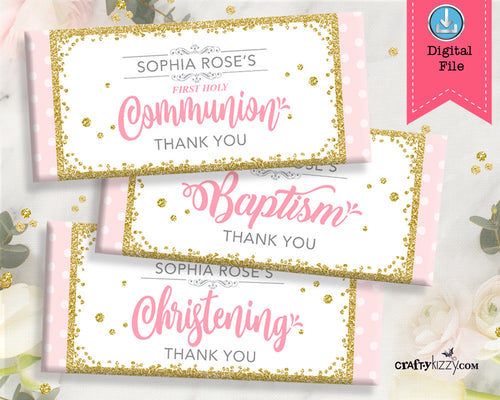 Girl Baptism Candy Wrapper - First Holy Communion Party Favors - Christening Chocolate Bar Label - Personalized - CraftyKizzy