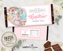 Girl Baptism Candy Wrapper - Floral First Holy Communion Party Favors - Christening Chocolate Bar Label - Personalized