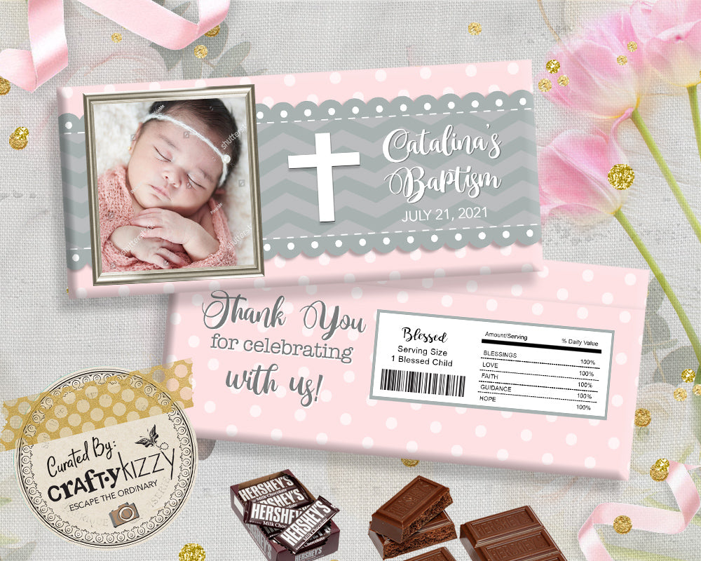 pink baptism candy wrapper