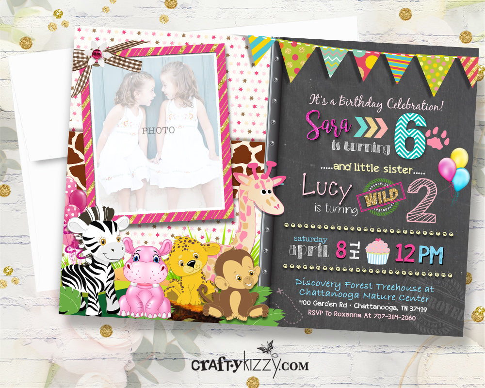 Safari Joint Birthday Invitation - Girl Zoo Animal Joint Party Invitations - Twin Girls Jungle First Birthday - Twins Wild One - CraftyKizzy