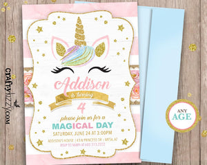 Unicorn First 1st Birthday Party Invitation Pink and Gold Unicorn Invitation - Watercolor Roses
