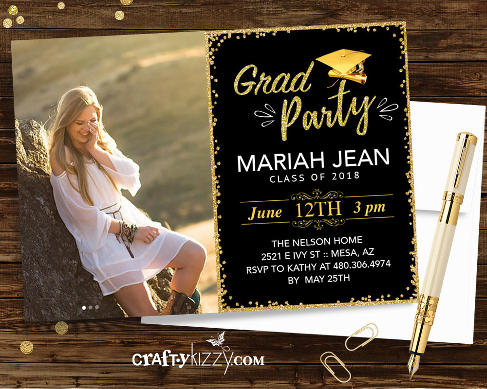 2020 Graduation Party Invitation - High School Grad - College Graduation Invitations - Grad Party Printable Gold and Black or Choose Your Color - CraftyKizzy