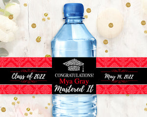 red and black congratulations water bottle label