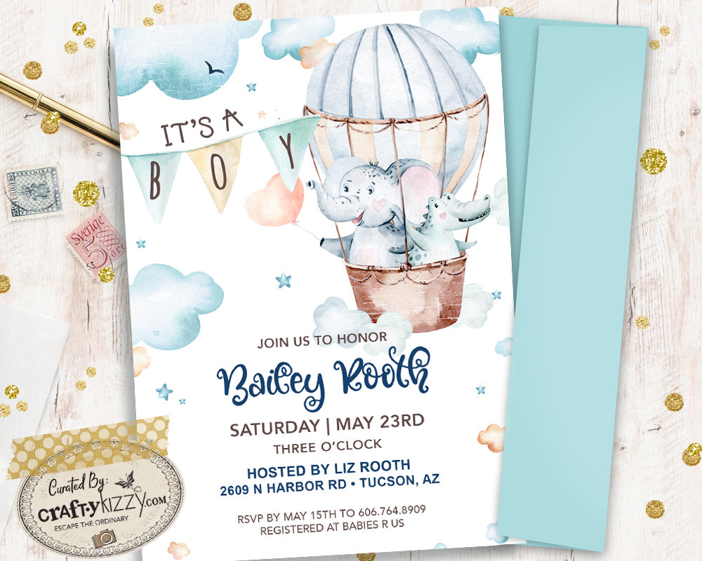 woodland, animals watercolor, hot air balloon invitation,