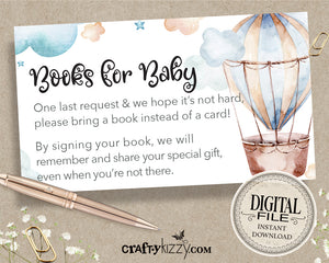 Hot Air Balloon Books for Baby Card - Watercolor Baby Boy Book Insert Cards - Hot Air Balloon Book Request Inserts - INSTANT DOWNLOAD