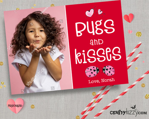Bugs and Kisses Valentines Day Photo Wallet Cards - Personalized Valentine's for Kids - LadyBug Pun Valentine - CraftyKizzy