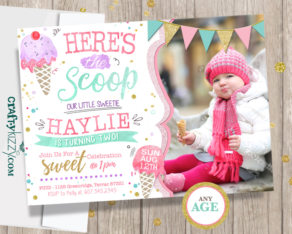 Ice Cream First Birthday Invitations - Twins Two Scoops Second Birthday Invitation -  1st 2nd Birthday Watercolor Printable Invite - CraftyKizzy
