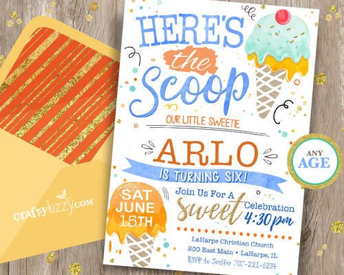 Boy Ice Cream Birthday Invitations - Ice Cream First Birthday Invitation Party Printable Blue Yellow Orange - CraftyKizzy