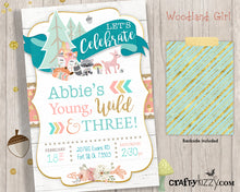 Young Wild and Three Woodland Birthday Invitation Printable Forest Animals - Boho Woodland Party - CraftyKizzy