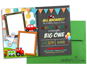 Joint Planes Trains and Automobiles Birthday Invitation - First Birthday Transportation Invitations - Twins Vehicle Invitation - CraftyKizzy