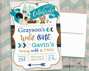 Joint Woodland Boy Birthday Invitation Tribal Wild One - Young Wild and Three Sibling Party Invitations Printable Invites - Forest Animals - CraftyKizzy