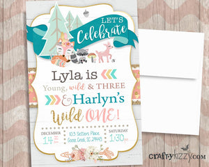 Young Wild and Three Woodland Birthday Invitation Printable Forest Animals - Boho Woodland Party