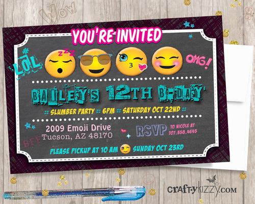 Emoji Birthday Invitation - OMG Girl Tween Emojis Sleepover or Slumber Party Girl Printable Invite - Mint Pink - CraftyKizzy