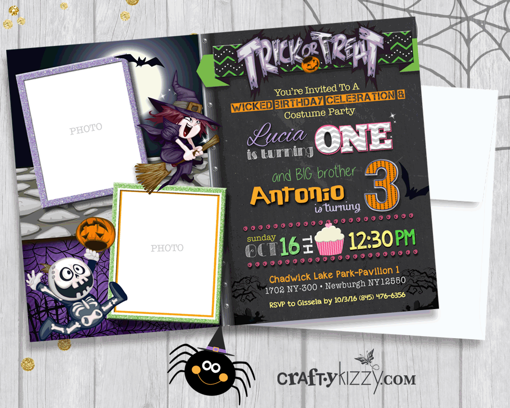 Sibling Halloween Invitation Joint Birthday Invitations Boy Girl Birthday Party Witch Skeleton - CraftyKizzy