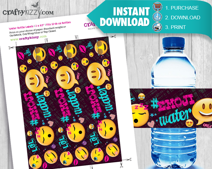 EMOJI Birthday Party Water Bottle Labels Printable Labels DIY Party Fa – CraftyKizzy for Downloadable Free Printable Water Bottle Labels For Birthday