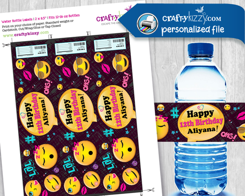 Happy Birthday EMOJI Water Bottle Labels Personalized - Emoji Happy Birthday Favors Digital Label File - Bottle Wrapper - CraftyKizzy