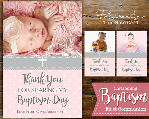 Girl Baptism Photo Thank You Card - First Communion Christening - Printable Digital File Personalized Note Card - Pink Single Child or Twins - CraftyKizzy