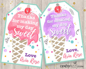 Ice Cream Favor Tags - Girl Ice Cream Thank You Tags - Watercolor Party Favors Personalized Ice Cream Party Printables - CraftyKizzy