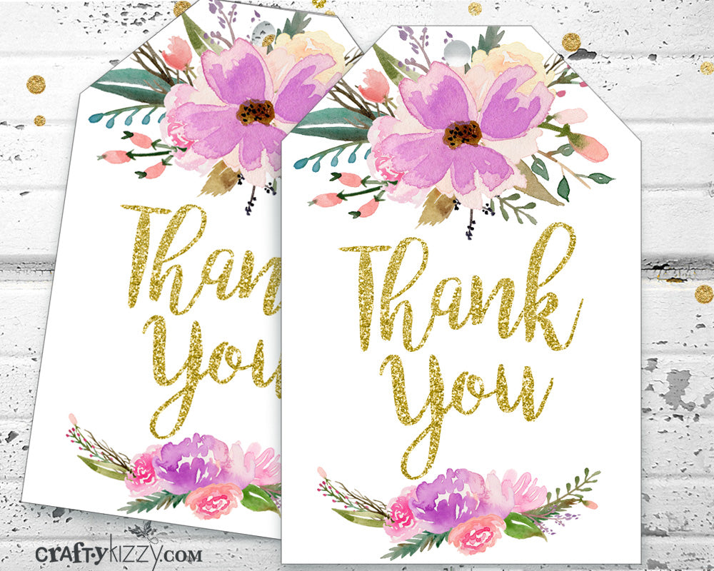 Floral Thank You Favor Tags - Purple Watercolor Thank You Tags - Bridal Shower Baby Shower Birthday Thank You Tags - INSTANT DOWNLOAD - CraftyKizzy