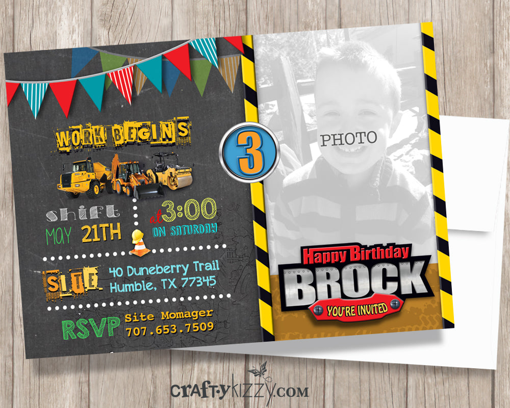 Construction Birthday Invitation - Boy Construction Birthday Party Invitations - Chalkboard Dumptruck Invite - CraftyKizzy
